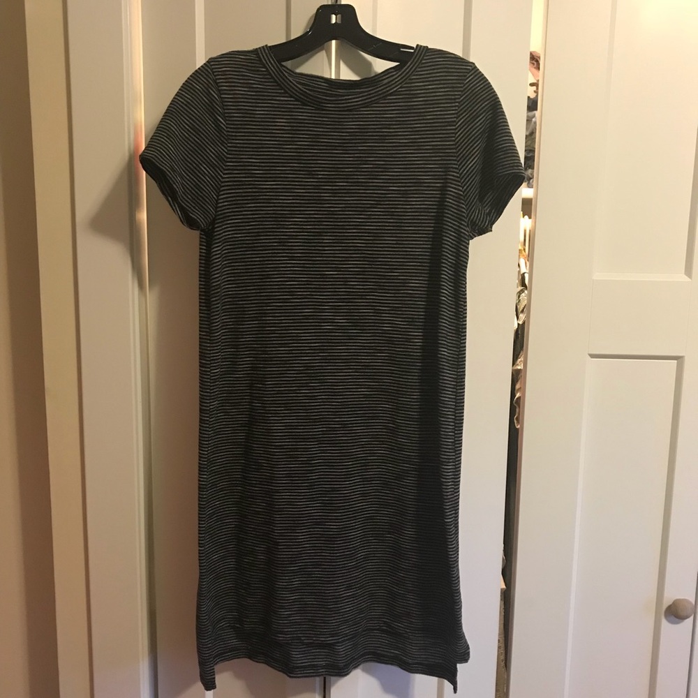 Gray/White/Black Stripe T-Shirt Dress - Hi-Low hem